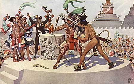 Hier sieht man das "Gladiatorenopfer" in einer arch&auml;ologisch korrekten Rekonstruktionszeichnung aus dem National Geographic Magazine.
