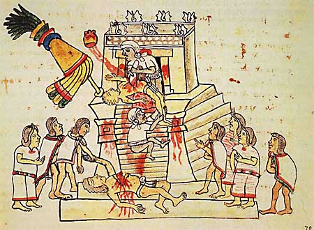 Darstellung von Menschen- bzw. Herz-Opfern aus dem Codex Magliabecchiano, 16. Jh. Man beachte, wie das Herz zum Himmel schwebt. Unten nehmen Kaufleute die K&ouml;rper der Sklaven entgegen, die sie als Opfer gestiftet haben, um sie zuhause mit G&auml;sten in einem gemeinsamen Mahl zu verzehren, in dem sie mit ihrem Gott eins zu werden hoffen - wie die Christen, die dies allerdings nur symbolisch vollziehen: Brot = Leib, Wein = Blut (sog. Kommunion bzw. Danksagung = Eucharistie); manche Forscher nehmen an, auch die Indianer h&auml;tten diese Opfer nur symbolisch vollzogen.