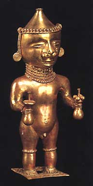Goldfigur, Quimbaya, Ethnologisches Museum Berlin-Dahlem. Eine solche Goldfigur enthielt Kalk, den man ben&ouml;tigte, um sich mit Koko in heilige Trance zu versetzen - was dem gemeinen Volk nat&uuml;rlich nicht gestattet war.