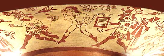Tonschale aus der Moche-Kultur, Peru, Ethnologisches Museum Berlin-Dahlem. Zu sehen ist ein Krieger, der einen Gefangenen gemacht hat, den man zur Dem&uuml;tigung seiner Kleidung und seiner Insignien (Rangabzeichen) beraubt hat. Aller Wahrscheinlichkeit nach wird er hier abgef&uuml;hrt, um geopfert zu werden. Andere Vasen in Dahlem zeigen plastisch die Menschenopferszenarien, bei denen die Leiber der Geopferten nicht, wie etwa bei den Azteken, von den Pyramiden herabgest&uuml;rzt wurden, sondern von heiligen Bergen. Andere Vasen in Dahlem zeigen plastisch die Menschenopferszenarien, bei denen die Leiber der Geopferten nicht, wie etwa bei den Azteken, von den Pyramiden herabgest&uuml;rzt wurden, sondern von heiligen Bergen.