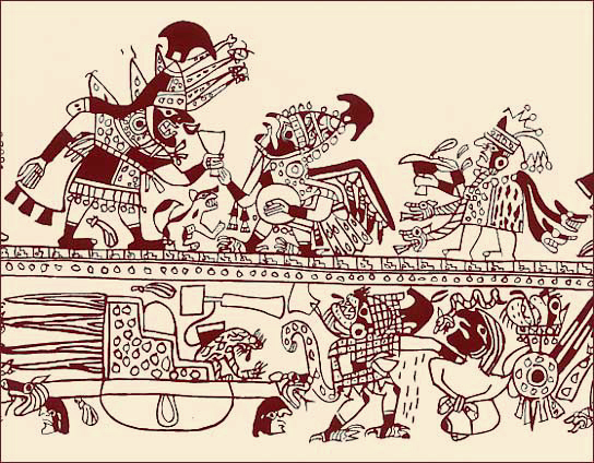 Abrollzeichnung einer Mochevase. Standardmotiv. Auch im Ethnologischen Museum Berlin-Dahlem zur Erl&auml;uterung ausgestellt.